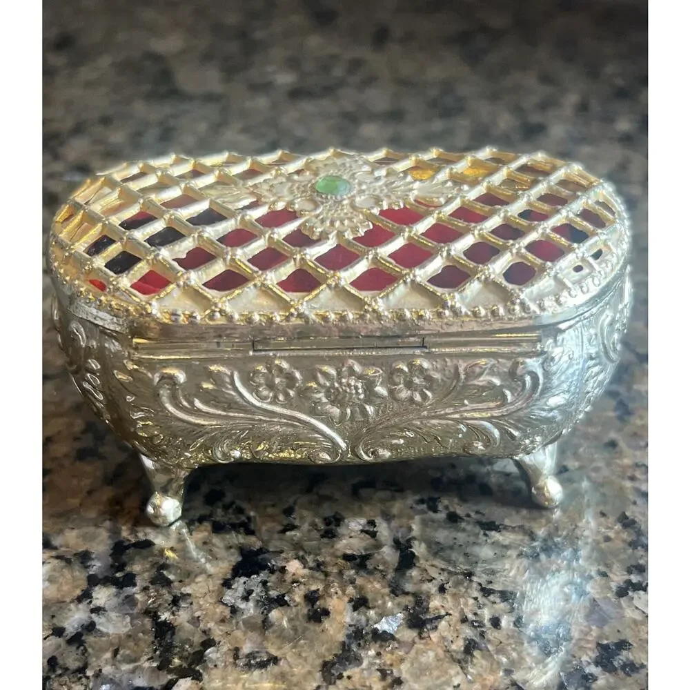 Vtg Embossed Footed Trinket Jewelry Box Red Velvet Lined Japan